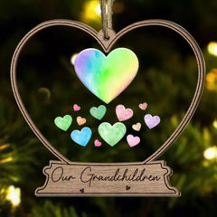 Grandma Mom Hearts With Kids' Names - Personalized Wood And Acrylic Ornament With Bow