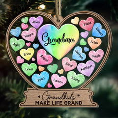 Grandma Mom Hearts With Kids' Names - Personalized Wood And Acrylic Ornament With Bow