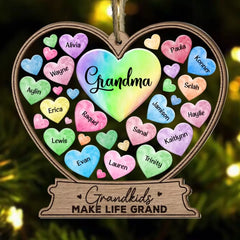 Grandma Mom Hearts With Kids' Names - Personalized Wood And Acrylic Ornament With Bow