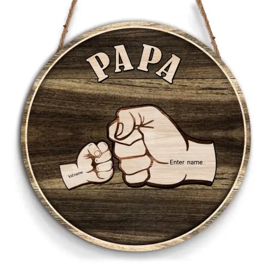 Personalized Grandpa And Grandkids Hands Fist Bump Round Wood Sign