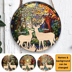 An Old Buck And His Sweet Doe Live Here Round Wood Sign
