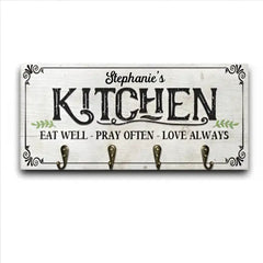 Kitchen Utensil Hook Rack Eat Well Pray Often Personalized Custom Wood Key Holder