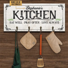 Kitchen Utensil Hook Rack Eat Well Pray Often Personalized Custom Wood Key Holder