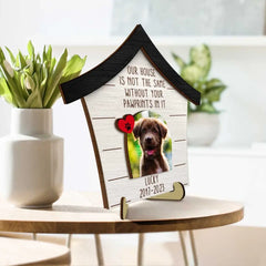 Custom Photo Dog Cat Our House Is Not The Same Without Your Pawprints - Pet Memorial Gift - Personalized 2-Layered Wooden Plaque With Stand