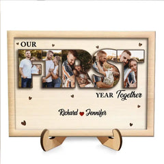 Custom Photo First Anniversary - Loving Gift For Couple, Spouse, Boyfriend, Girlfriend, Husband, Wife - Personalized 2-Layered Wooden Plaque With Stand