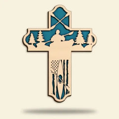 Kayak Layered Cross With American Flag - Personalized Wood Art - Gifts For Kayakers