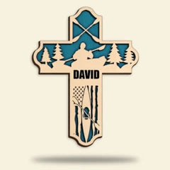 Kayak Layered Cross With American Flag - Personalized Wood Art - Gifts For Kayakers