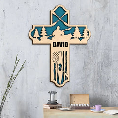 Kayak Layered Cross With American Flag - Personalized Wood Art - Gifts For Kayakers