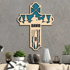 Kayak Layered Cross With American Flag - Personalized Wood Art - Gifts For Kayakers