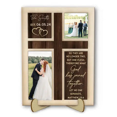 Custom Photo So They Are No Longer Two - Loving, Anniversary Gift For Married Couple, Spouse, Husband, Wife - Personalized 2-Layered Wooden Plaque With Stand