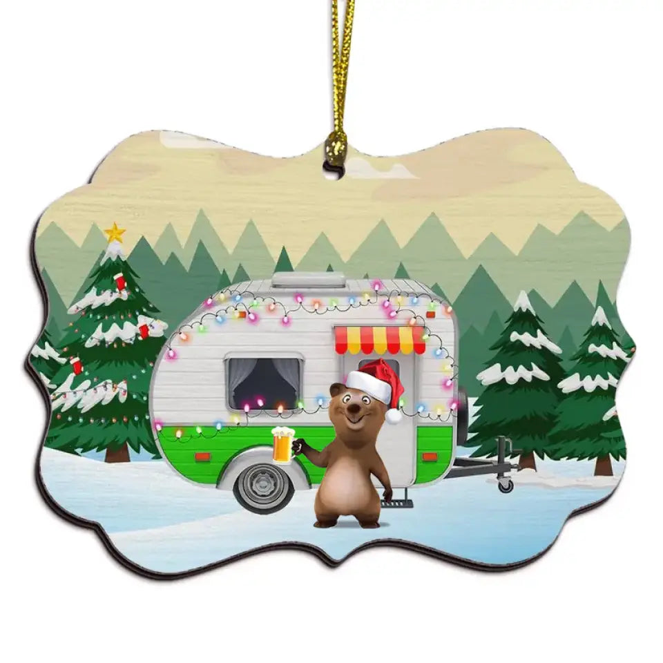 Camping Bear Family Medallion Wood Ornament Gift