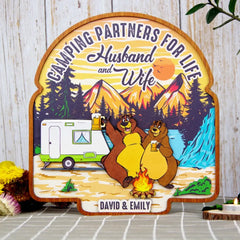 Camping Partner For Life Husband And Wife Personalized Camping Couple Layered Wood Sign Stand