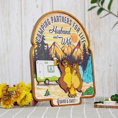 Camping Partner For Life Husband And Wife Personalized Camping Couple Layered Wood Sign Stand
