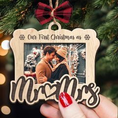 Our First Christmas As Mr & Mrs - Personalized Photo 2 Layers Wooden Ornament With Bow